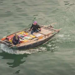 An aerial view of a small boat in Halong Bay, Vietnam, where vendors sell snacks to tourists on cruise ships, showcasing a unique form of local commerce.