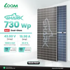 We use cutting-edge technology like our SHARK 730Wp HJT Dual-Glass solar panel. With a 30-year performance warranty and 23.5% maximum efficiency, this panel is engineered for unmatched energy output and long-term value in demanding commercial and industrial applications.