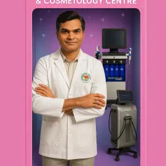 We combine expertise with the latest technology. This image features our lead expert, Dr. S.P. Singh, alongside some of the advanced equipment we use, like our Hydra Beauty and laser machines.