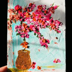 A vibrant bougainvillea painting created with heavy textures. The palette knife technique allows the flowers to pop off the canvas, giving them a lifelike feel.