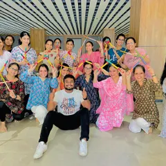 A fantastic group from my Dandiya workshop at Assotech Windsor Court. We work on coordination and rhythm with the dandiya sticks to create a lively performance.