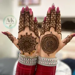 A gorgeous Karwachauth special design, with matching mandalas on the palms and intricate net patterns on the fingers.