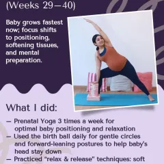 In my third trimester, my focus shifted to optimal baby positioning and mental preparation. I used a birth ball daily and practiced "relax and release" techniques.