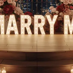A direct and impactful statement with large, illuminated marquee letters spelling out 'MARRY ME'. These are a central feature in many of my grand proposal designs, creating a perfect photo opportunity.