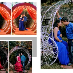 This collage showcases the variety of themed sets I offer. You can see the light tunnel, the Cinderella carriage, and a rustic floral wreath, all available for your shoot.