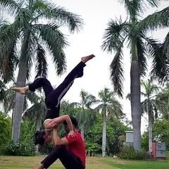 Acroyoga is a playful practice built on trust and connection. This pose requires the base to be solid and the flyer to be light and engaged, creating a beautiful expression of partnership. It’s a fun way I incorporate partner work into my sessions to build strength in a dynamic way.