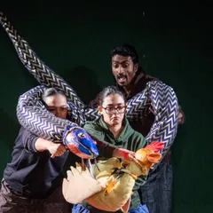 A dramatic moment from a past performance of 'Be Yourself'. The show's dynamic staging and expressive puppets, made from local textiles, bring the classic tale to life for a new generation.