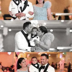 A collage of family portraits from the birthday event. It includes a formal posed shot, a black-and-white image of the parents kissing their son, and a candid family moment, showing the variety of memories captured.