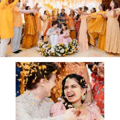A wide shot of the 'phoolon ki haldi' where everyone showers the couple with flower petals. This image is bursting with colour, energy, and happiness.