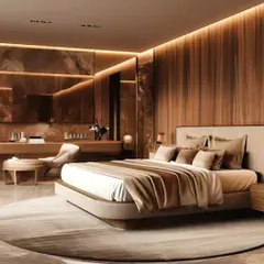 For this luxury bedroom, I wrapped the room in warm wood panelling and marble accents. The integrated cove lighting and custom furniture create a seamless and opulent environment, perfect for a high-end Bangalore home.