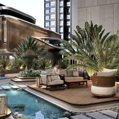 This render shows the various seating areas and relaxation zones within the clubhouse landscape. We designed sunken lounges and waterside decks to provide a variety of intimate and social spaces.