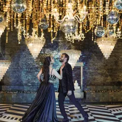 For this sangeet, we created a 'Starry Night' glam theme. A ceiling dripping with crystal chandeliers and disco balls set the stage for an unforgettable night of dance and celebration.