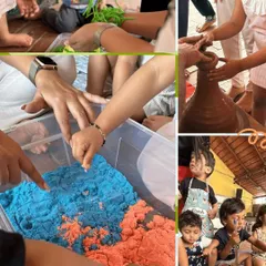A collage showcasing the variety of sensory experiences I offer. From the gritty feel of kinetic sand to the smooth, cool texture of clay on a pottery wheel, each activity is designed to engage a child's senses and support their development.