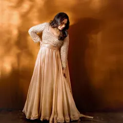 The full-length view of Spruha Varad's Filmfare gown, showing the graceful drape and silhouette. My goal was to create a look that was both glamorous and timeless.