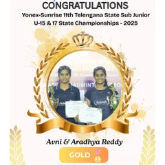 State Champions! Avni & Aradhya Reddy took home the Gold in U-17 Girls Doubles at the 11th Telangana State Sub Junior Championships. Their teamwork on the court was unstoppable.