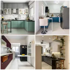 Four examples of kitchens designed for compact spaces. These images show clever layouts, including small breakfast nooks and foldable tables, perfect for Bangalore apartments.