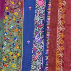 This is a glimpse into the vibrant palette and diverse textures I work with. From the rich florals of Kutch work to the geometric precision of Kasuti, I use a wide range of traditional embroidery techniques to bring your vision to life on fabric.