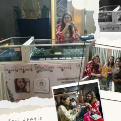 This collage captures the vibrant atmosphere at our Savi Jewels exhibition stall during the Bizznest Winter Wonderland event. It shows me behind the counter, ready to chat with visitors, and moments of genuine connection with clients as they explore the collections.