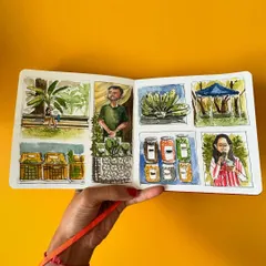 A grid-style layout in my sketchbook capturing different sights from a farmer's market. This is a great technique for telling a bigger story on a single page, which I teach in my workshops.