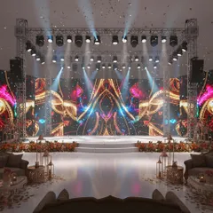 This 3D design showcases a grand Sangeet stage concept with massive LED screens for dynamic visuals. The setup includes professional lighting rigs and a glossy white stage floor, perfect for high-energy performances and creating a concert-like atmosphere.