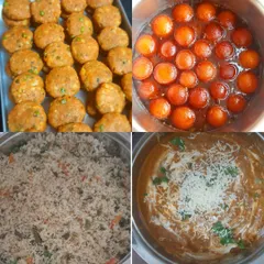 A collage from a birthday party buffet for 50 people. The menu featured a welcome drink, soup, mini cutlets, phulkas with paneer butter masala, veg pulao, and two kinds of dessert.