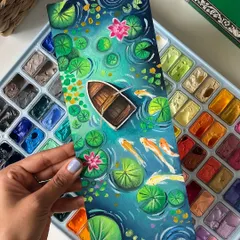 Holding up the finished vertical koi pond painting. The composition draws you into the scene, following the fish as they swim.