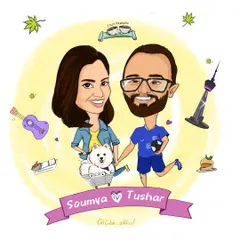The final version of the couple's caricature, brought to life with color and shading. This personalized artwork makes for a perfect anniversary or wedding gift, celebrating their unique journey together.