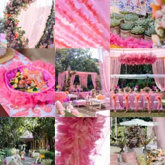 A collage of the vibrant pink and yellow decor from a Haldi and Mehendi ceremony in Jim Corbett.