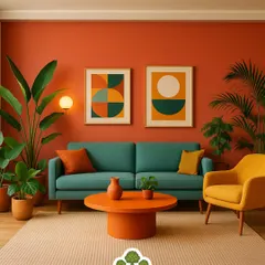 We use AI generated mood boards to help visualize a project's potential. This board showcases a vibrant living room with a bold color palette, where carefully selected plants like the Bird of Paradise complement the mid century modern decor.