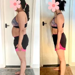 A side view of my client's one-year transformation, showing a significant reduction in abdominal fat. Slow, steady progress with a focus on overall health is always the goal in my online nutrition consultations.