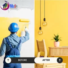 A simple before and after that shows the power of color. I helped this client choose a vibrant yellow to turn a plain wall into a bright and cheerful space. This is a great example of a living room wall painting transformation.