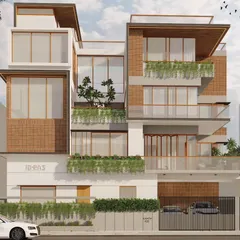 This architectural render for the Kanthi Residence shows our approach to multi-level urban homes. We use a warm brick facade, extensive glazing, and integrated planters to create a dynamic elevation that brings greenery and character to every floor.