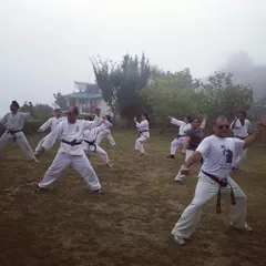 Training is not confined to the dojo walls. Here, our students practice their kata amidst the misty mornings of our annual mountain training camp, or Gasshuku.