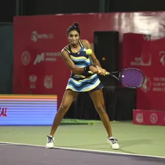 A powerful forehand shot. Generating power while maintaining control is a balance I work on every single day in practice.