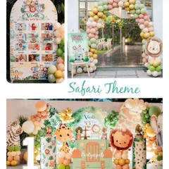 This collage highlights the key elements of Vedh's safari party. It includes a personalized milestone board, a balloon arch entrance, and a main stage with a jeep-shaped table and adorable animal props.