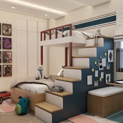 This space-saving bunk bed design is perfect for siblings, incorporating stairs that double as storage and a cozy nook underneath.