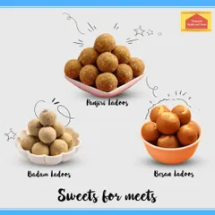 A glimpse of my classic ladoo collection. You can see my wholesome Panjiri Ladoos, rich Badam Ladoos, and timeless Besan Ladoos, each made with love and natural ingredients.
