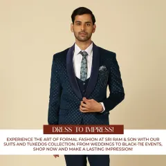 Dress to impress. This textured blue velvet tuxedo is designed for making a lasting impression at weddings and black-tie events.