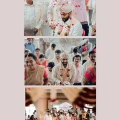 A collage of moments from the groom's arrival and the wedding ceremony. These candid shots capture the divine atmosphere and the happy faces of family and friends.