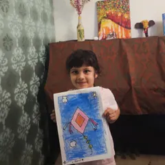 A young student from my Prabhadevi class with her cheerful kite drawing. My classes are a perfect spot to relax, learn, and express yourself.