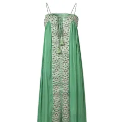 The front view of a green spaghetti-strap maxi dress with intricate embroidery, shot on a white background to emphasize the garment's details and silhouette.