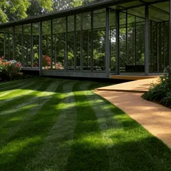 The interplay of light and shadow on a glass building surrounded by nature. This demonstrates how thoughtful design can create a dynamic and visually interesting structure at any time of day.