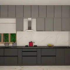 A minimalist straight kitchen in a uniform matte grey finish. The handleless design creates a clean, uninterrupted line, perfect for a modern home aesthetic.