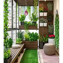 This design maximizes greenery in a compact space. I used a combination of wooden planters, wall-mounted pots, and hanging vines against a wood-paneled wall. A simple wooden bench and wicker stool provide seating without overwhelming the lush, garden-like setting.