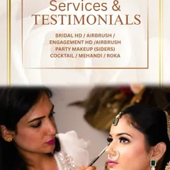 A list of my services, including Bridal HD/Airbrush, Engagement, Party Makeup, and looks for Cocktail, Mehendi, and Roka events.