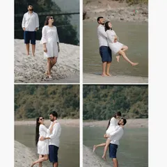 A four-panel grid capturing a series of fun and romantic interactions of a couple on the sandy riverbank.