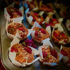 Apple and strawberry whole wheat eggless muffins for a sweet 16 school celebration. They are packed with fruit and look so pretty.