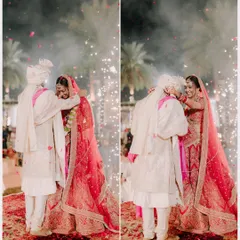 The Varmala ceremony captured with fireworks in the background, a truly explosive and magical moment.