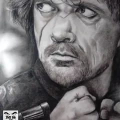 A detailed charcoal sketch of Tyrion Lannister from Game of Thrones. I focused on capturing the intense, calculating gaze and the facial scars that define Peter Dinklage's character.