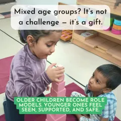 In our mixed-age classrooms, something beautiful happens. Older children naturally become mentors and role models, while younger ones feel seen and supported. This is not a challenge; it is a gift that builds a true family-like community.